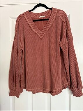 Mauve Ribbed Waffle Sweater Top with Crew Neck